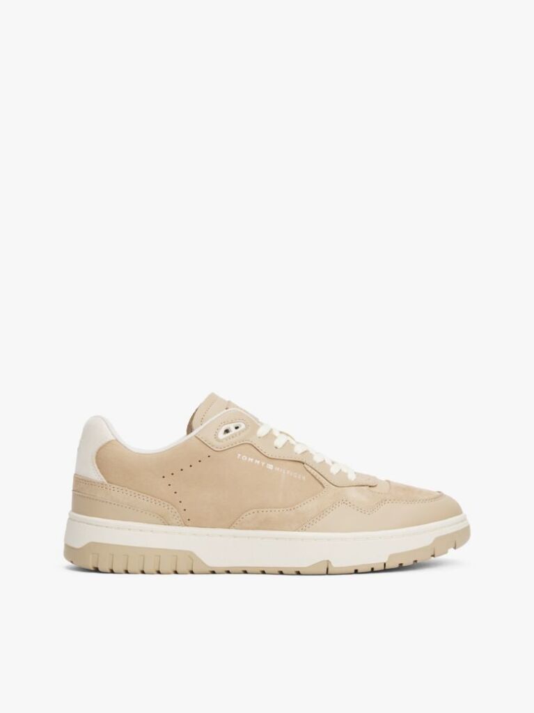 Beige Leather Mixed Texture Basketball Trainers  Men