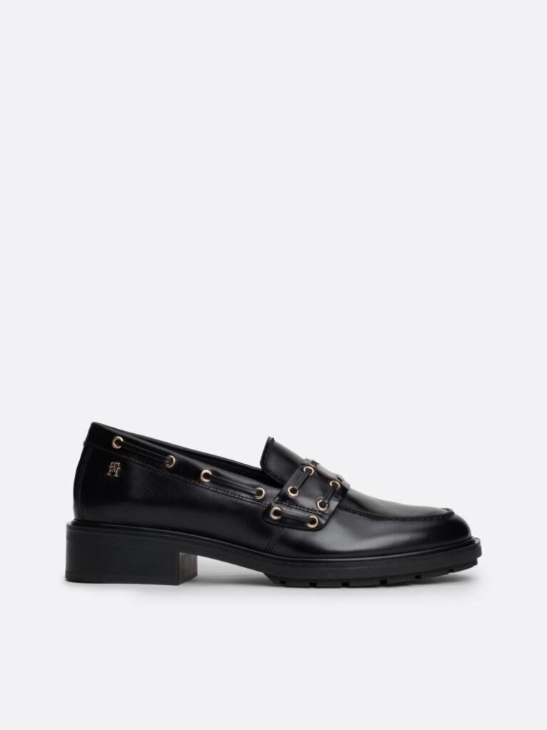 Black Eyelet Detail Block Heel Leather Loafers  Women
