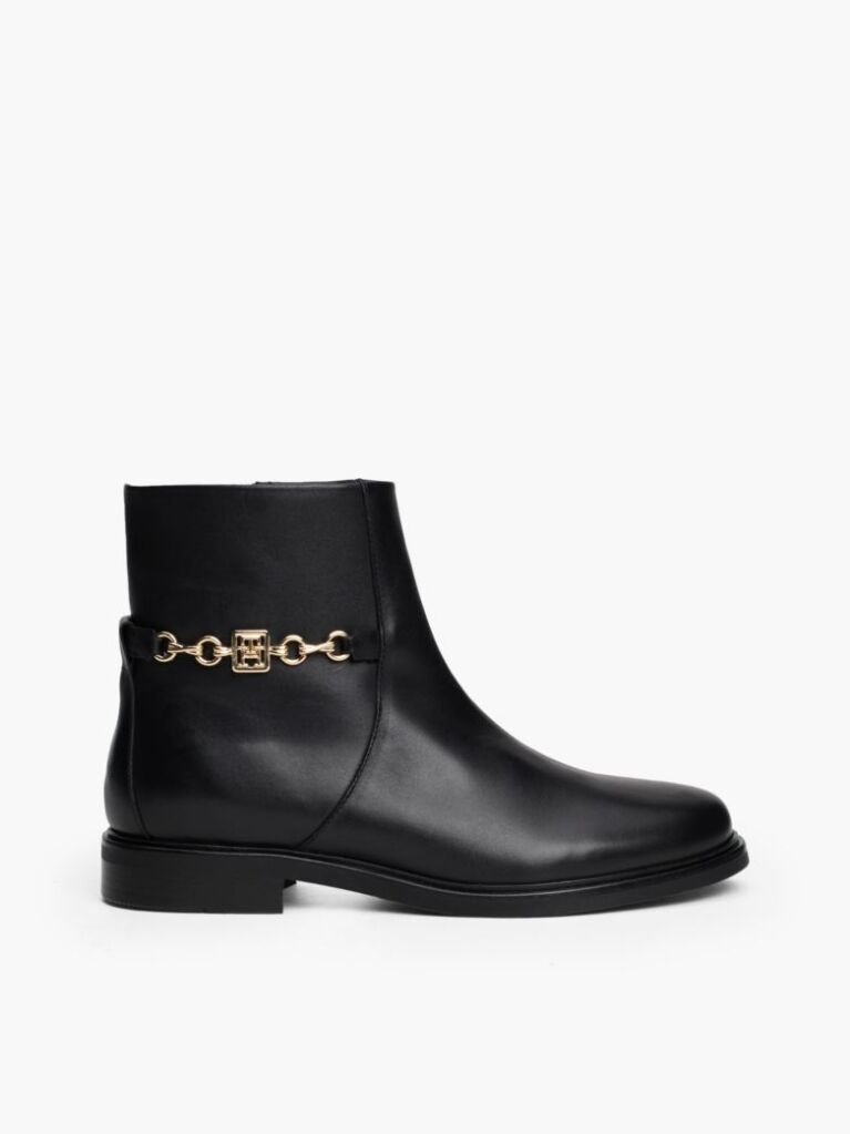 Black Leather Chain Hardware Ankle Boots  Women