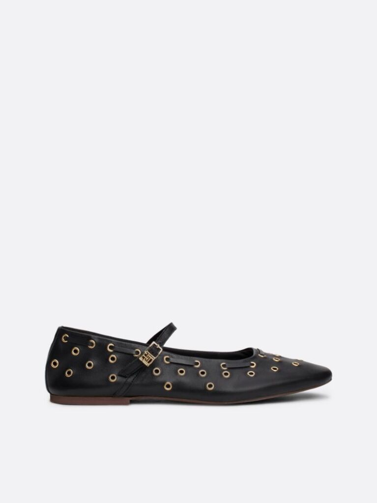 Black Leather Eyelet Detail Mary Jane Ballerinas  Women