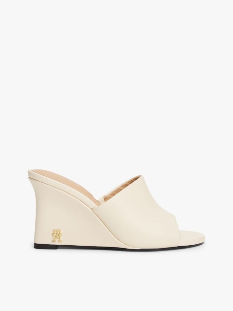 Beige Leather TH Monogram Plaque Wedge Mules  Women