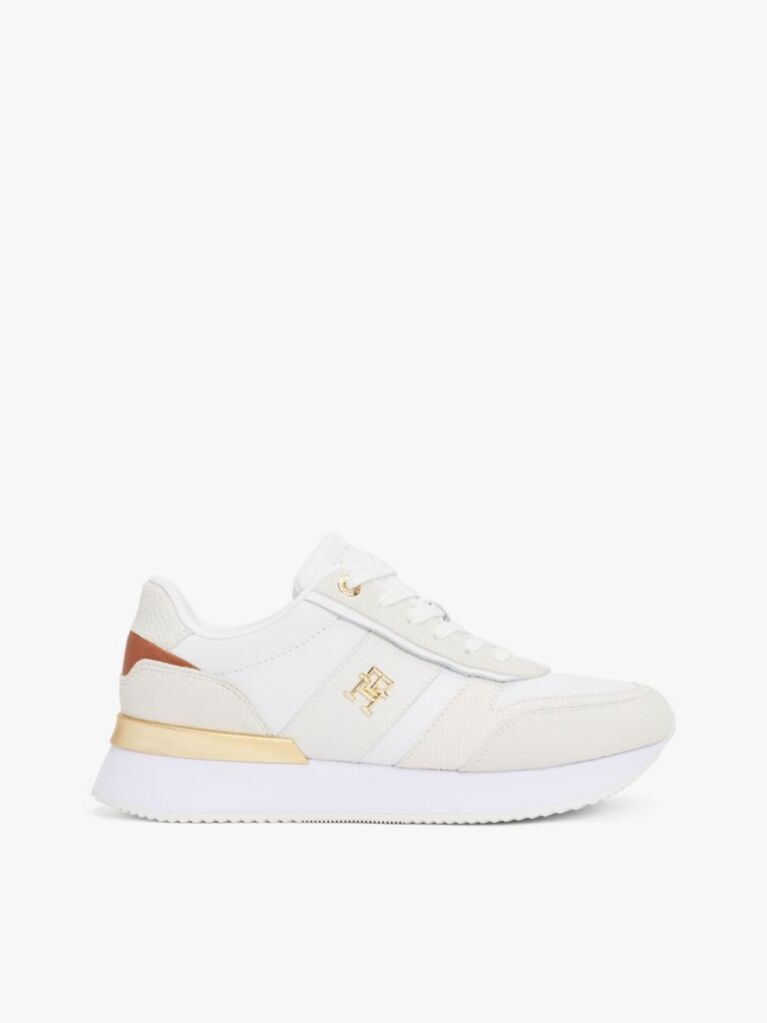 Beige Leather Textured Panel Metallic Trainers  Women