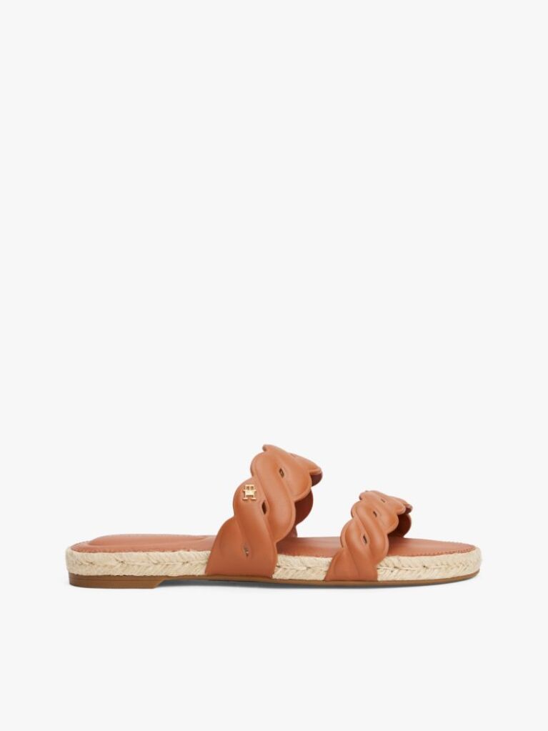 Brown Leather Embossed Espadrille Mules  Women