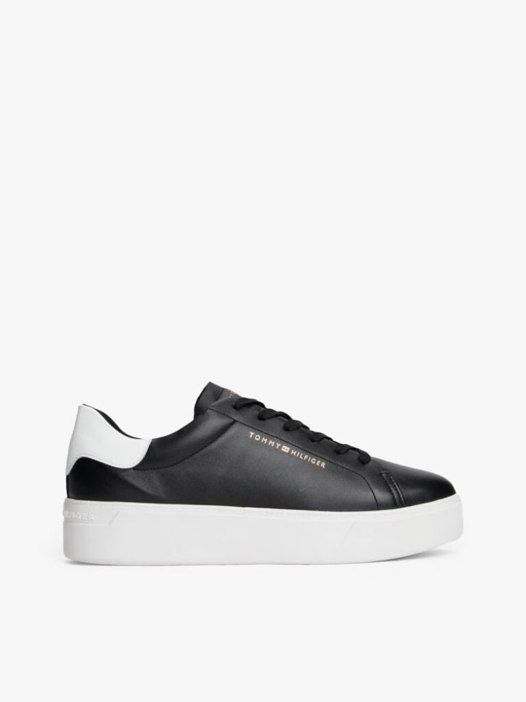 Black Leather Contrast Heel Platform Trainers  Women
