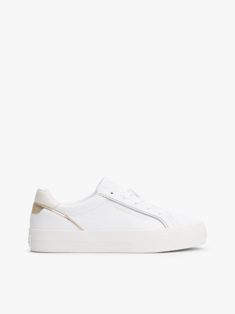 White Leather Metallic Embossed Trainers  Women