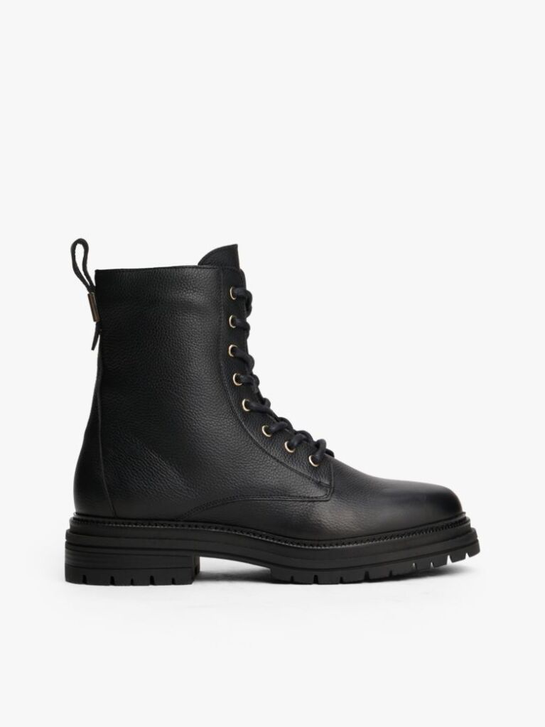 Black Pebble Grain Leather Chunky Boots  Women