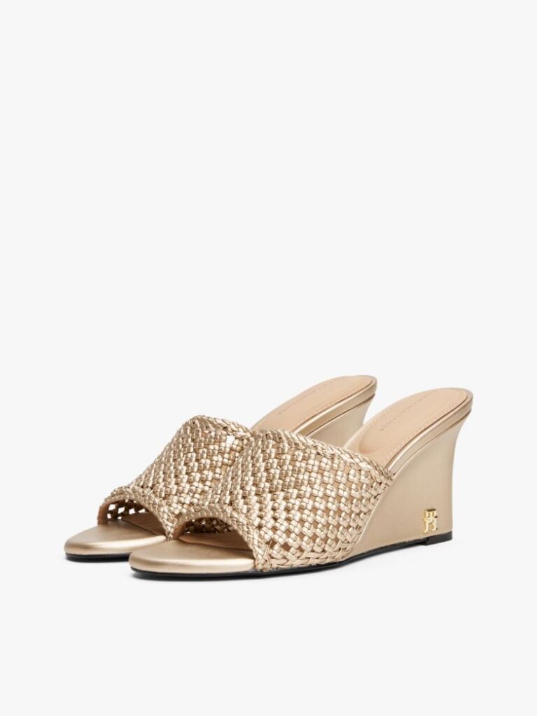 Gold Metallic Leather Crochet Wedge Mules  Women