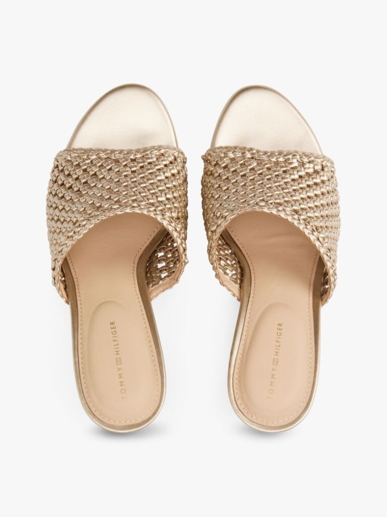 Gold Metallic Leather Crochet Wedge Mules  Women
