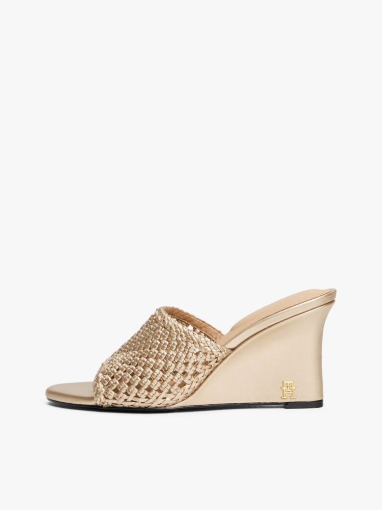 Gold Metallic Leather Crochet Wedge Mules  Women