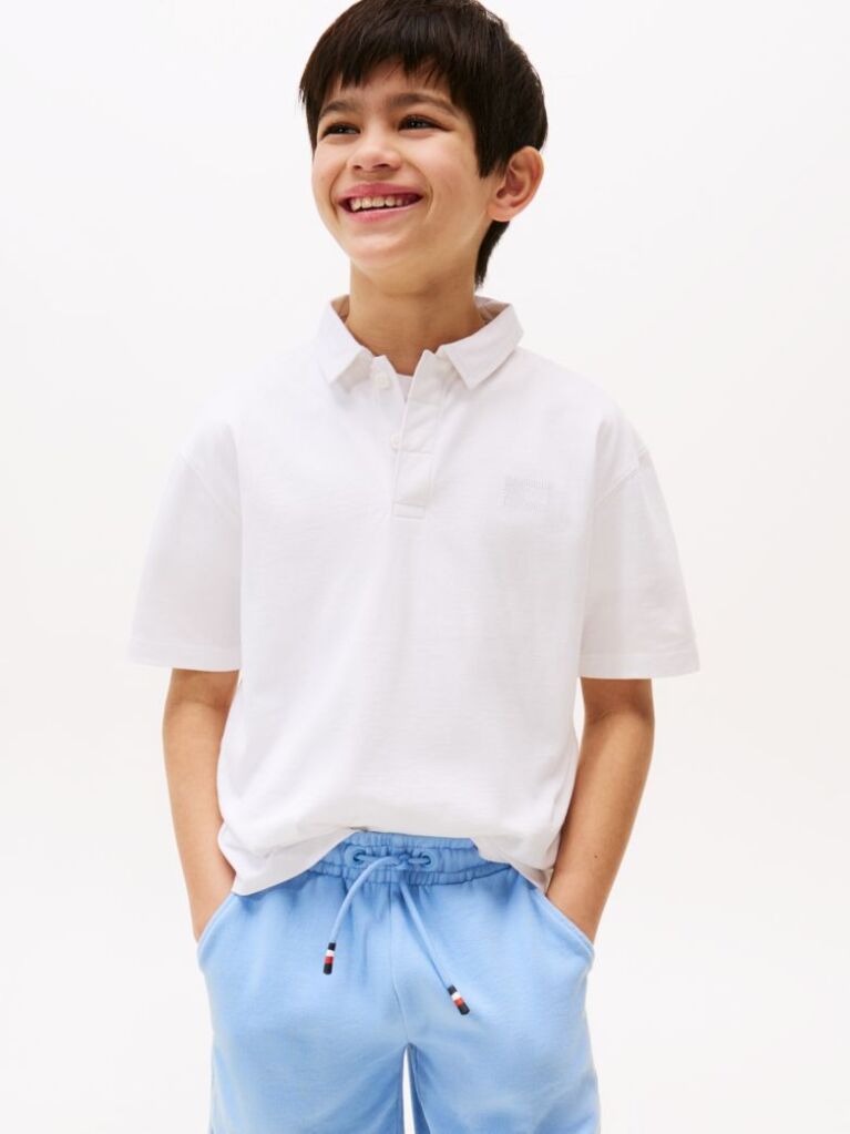White Tonal Flag Emoidered Polo Shirt Short Sleeve  Boys