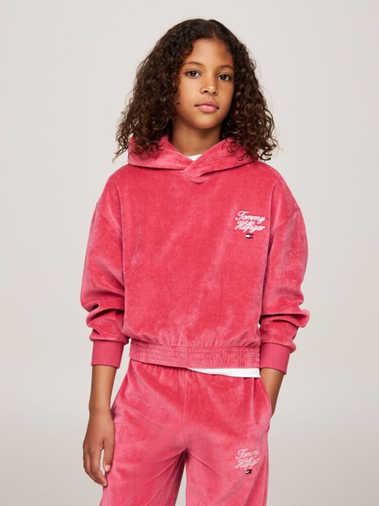 Red Script Logo Velour Relaxed Hoody  Girls