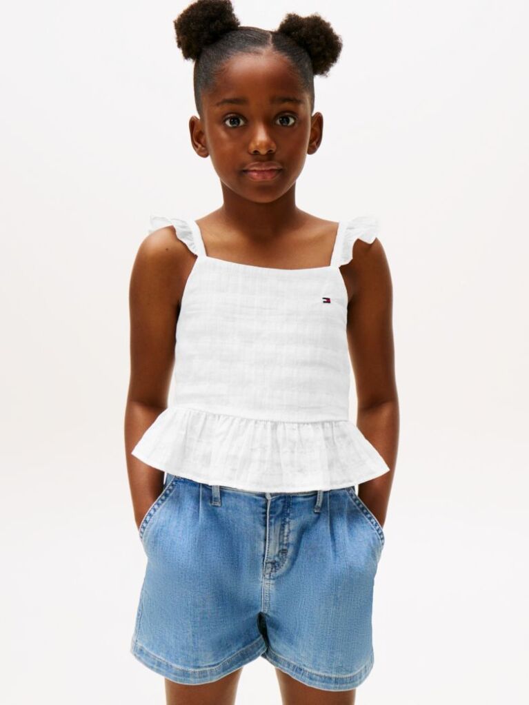 White Textured Ruffle Top  Girls