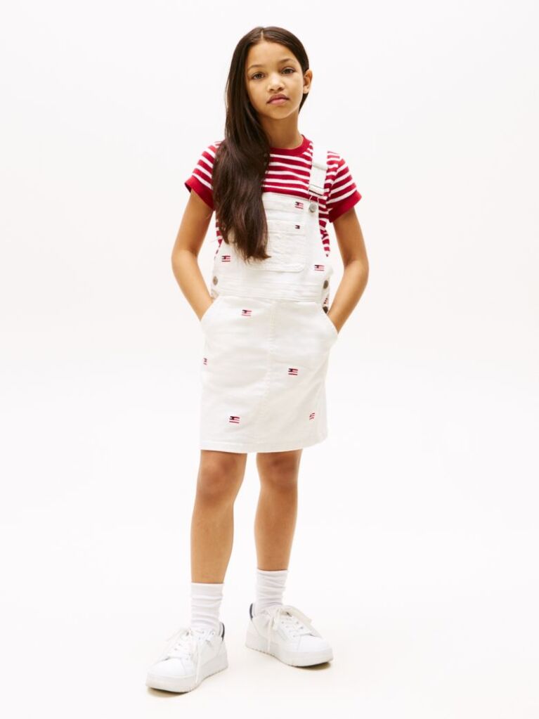 White Logo Embroidery Dungaree Dress  Girls