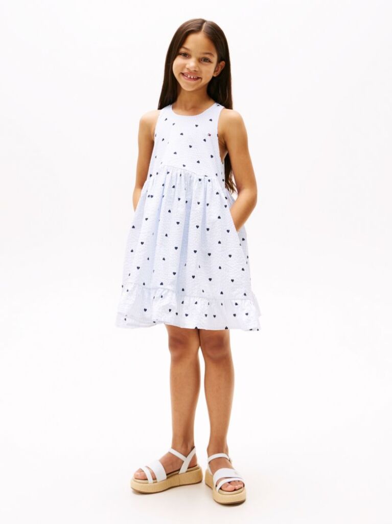 Multi Heart Print Seersucker Sleeveless Dress  Girls