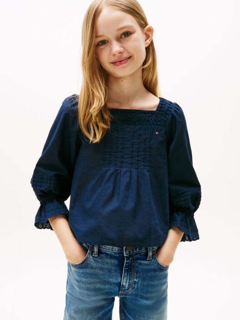 Blue Broderie Anglaise Pintuck Blouse  Girls