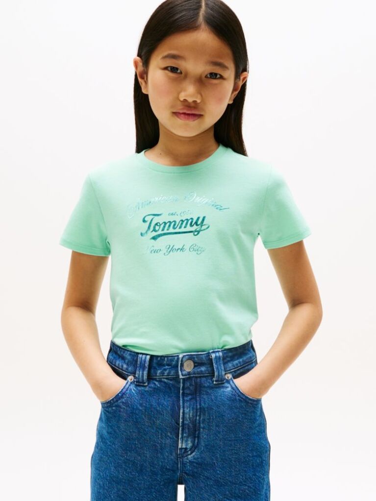 Green Metallic Logo Slim T-Shirt  Girls