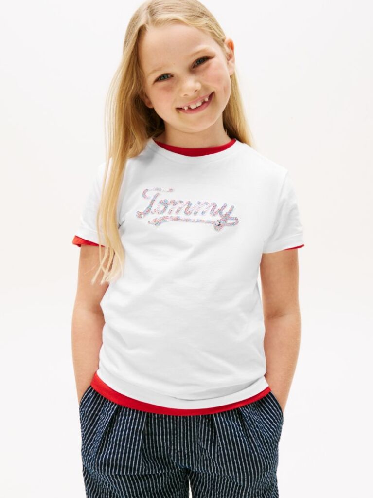 White Tommy Script Sequins T-Shirt Short Sleeve  Girls