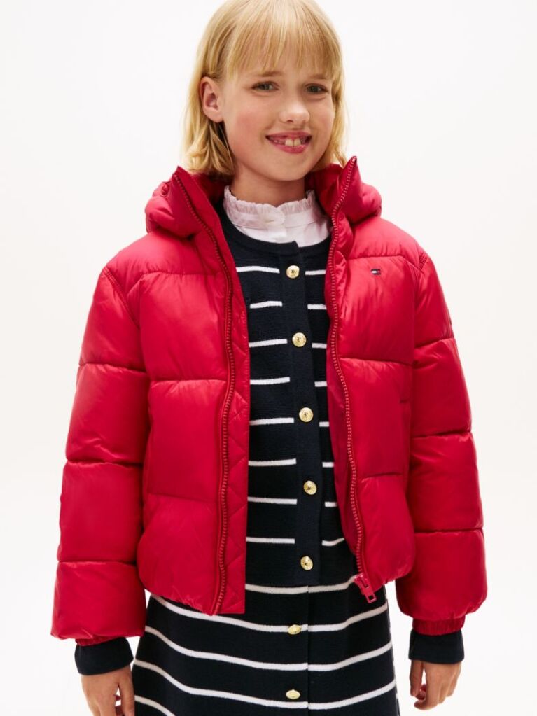 Red Shiny Relaxed Hooded Puffer Jacket  Girls