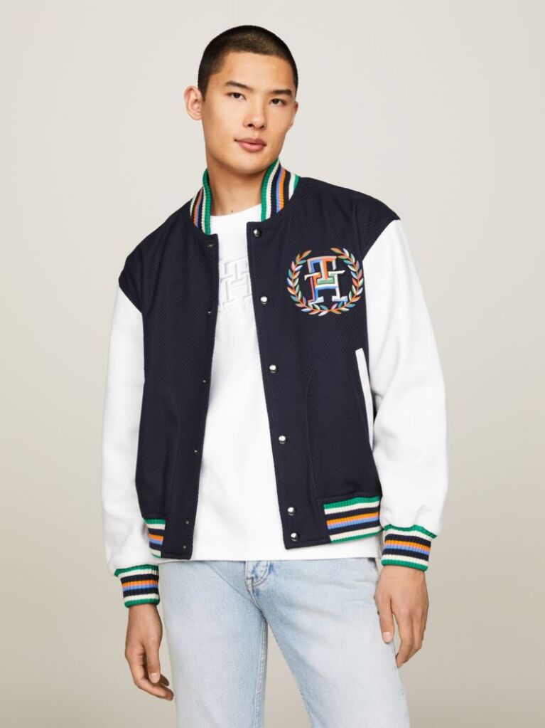 Blue Archive Crest Logo Leather Mix Varsity Jacket  Men