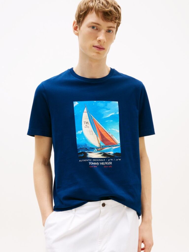 Blue Photo Print Cotton T-Shirt  Men