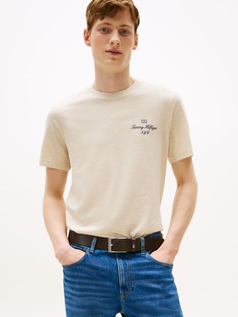 Beige Outline Flag NYC Logo T-Shirt  Men