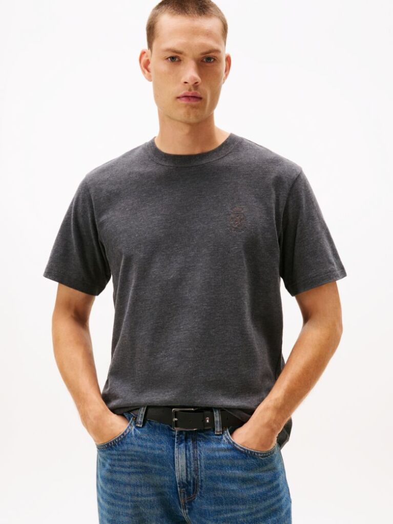 Grey Varsity Textured Crest Embroidery T-Shirt  Men
