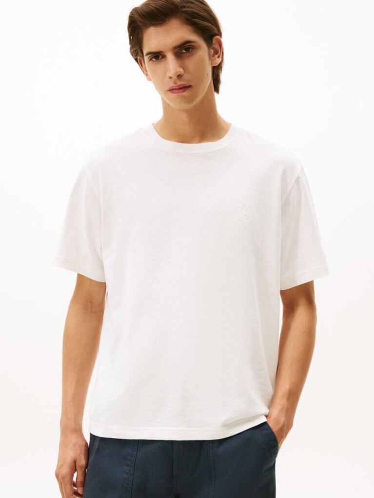 Beige Varsity Textured Crest Embroidery T-Shirt  Men