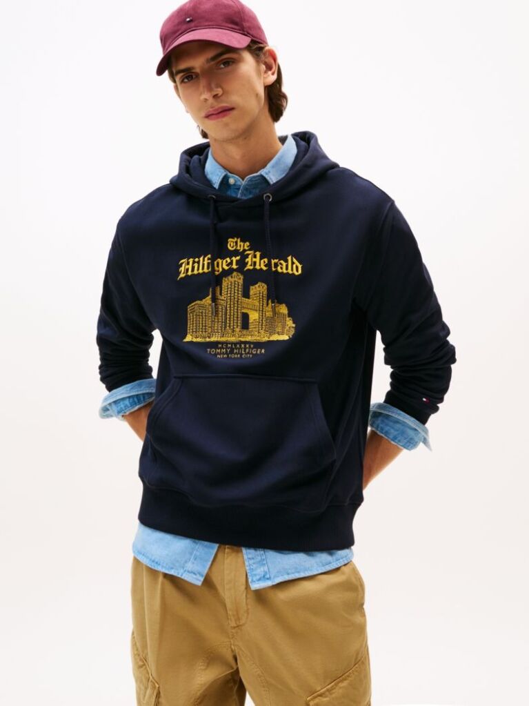 Μπλε Άνετο Hoody Με Κεντητό Λογότυπο Και Κορδόνι  Άνδρες