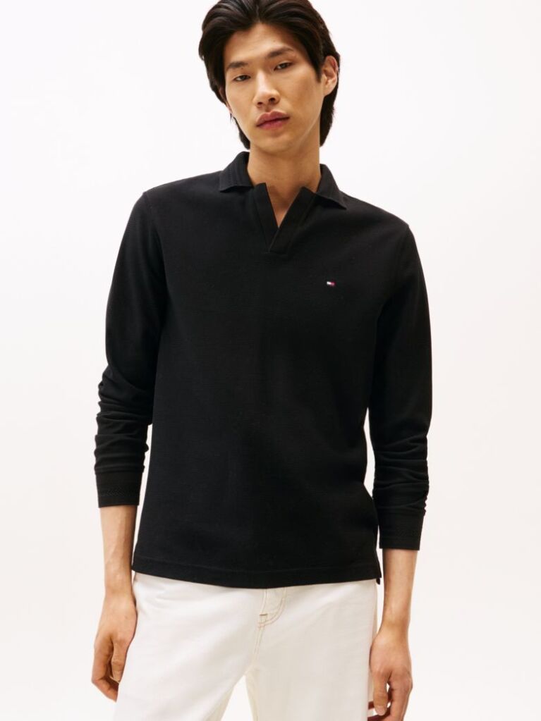 Black Jacquard Long Sleeve Polo Shirt  Men