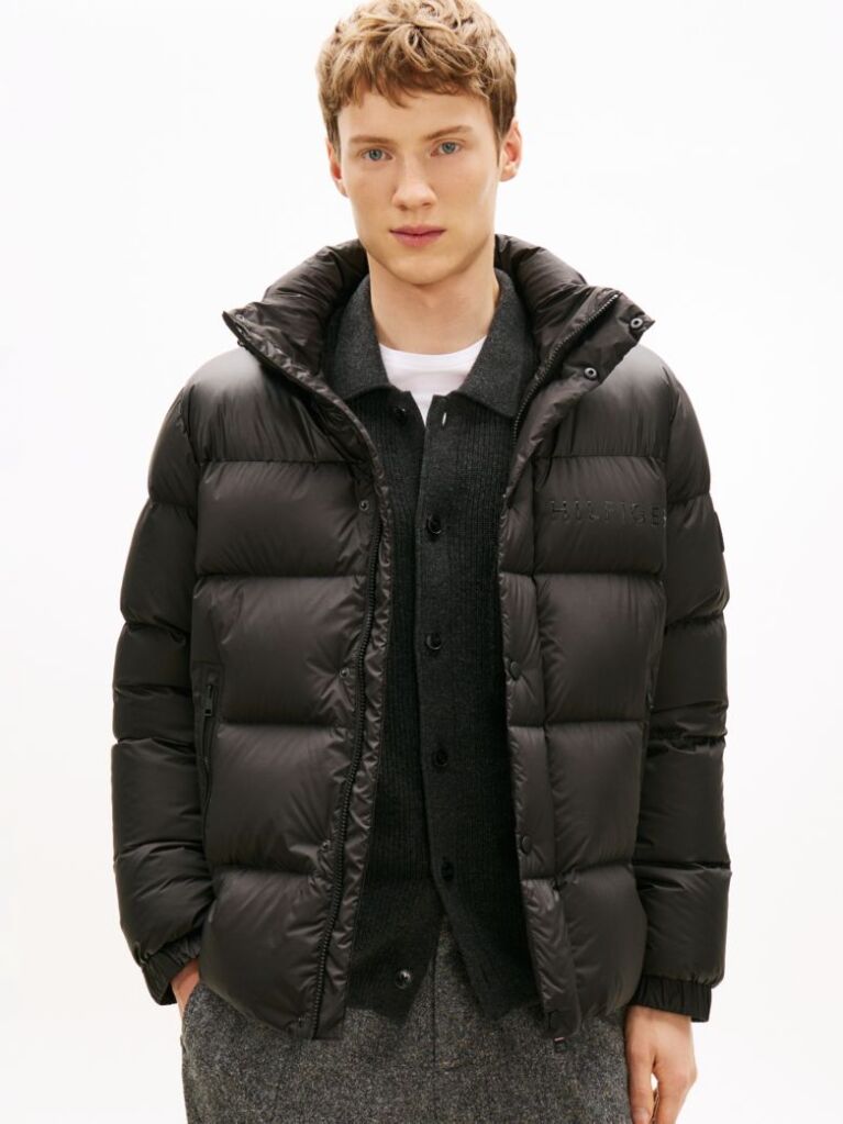 Black Water Repellent Down Hooded Puffer Jacket  Men
