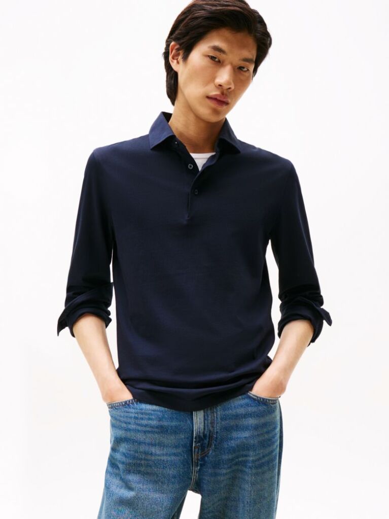 Μπλε Smart Casual Μακρυμάνικη Μπλούζα Πόλο Σε Slim Γραμμή  Άνδρες
