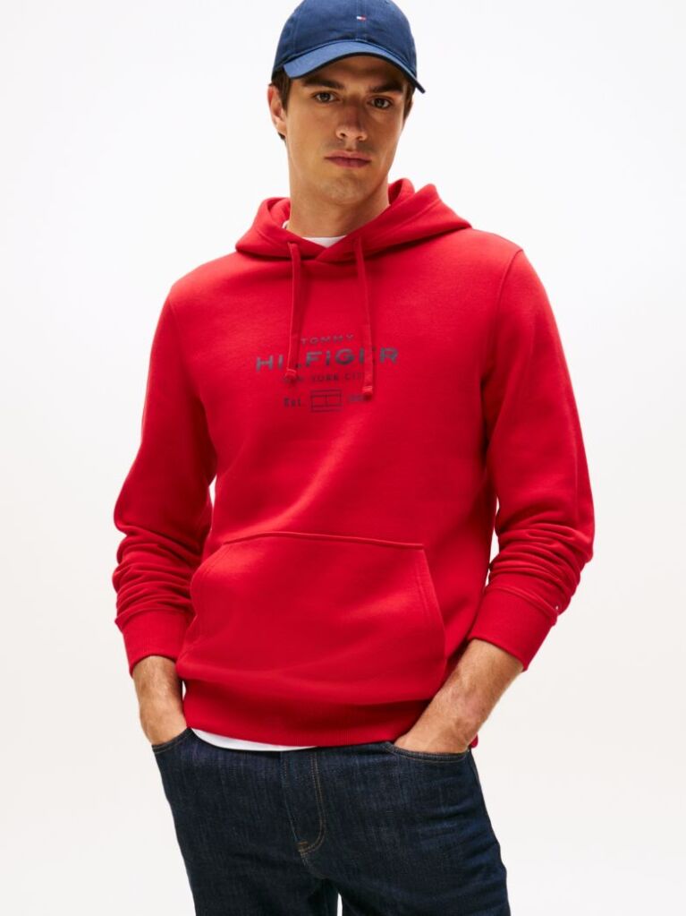 Red Perfect for fighting the cold, this warm hoodie is enhanced with a stylish, tonal Tommy Hilfiger logo and crafted from high-quality interlock knit.  Men