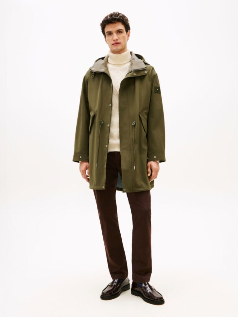 Green Windproof Logo Patch Hooded Parka  Men