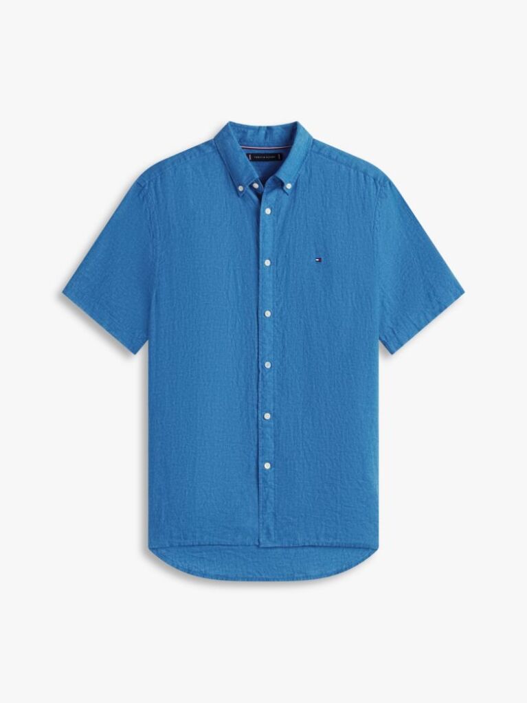 Blue Regular Fit Washed Linen Short Sleeve Shirt  Men
