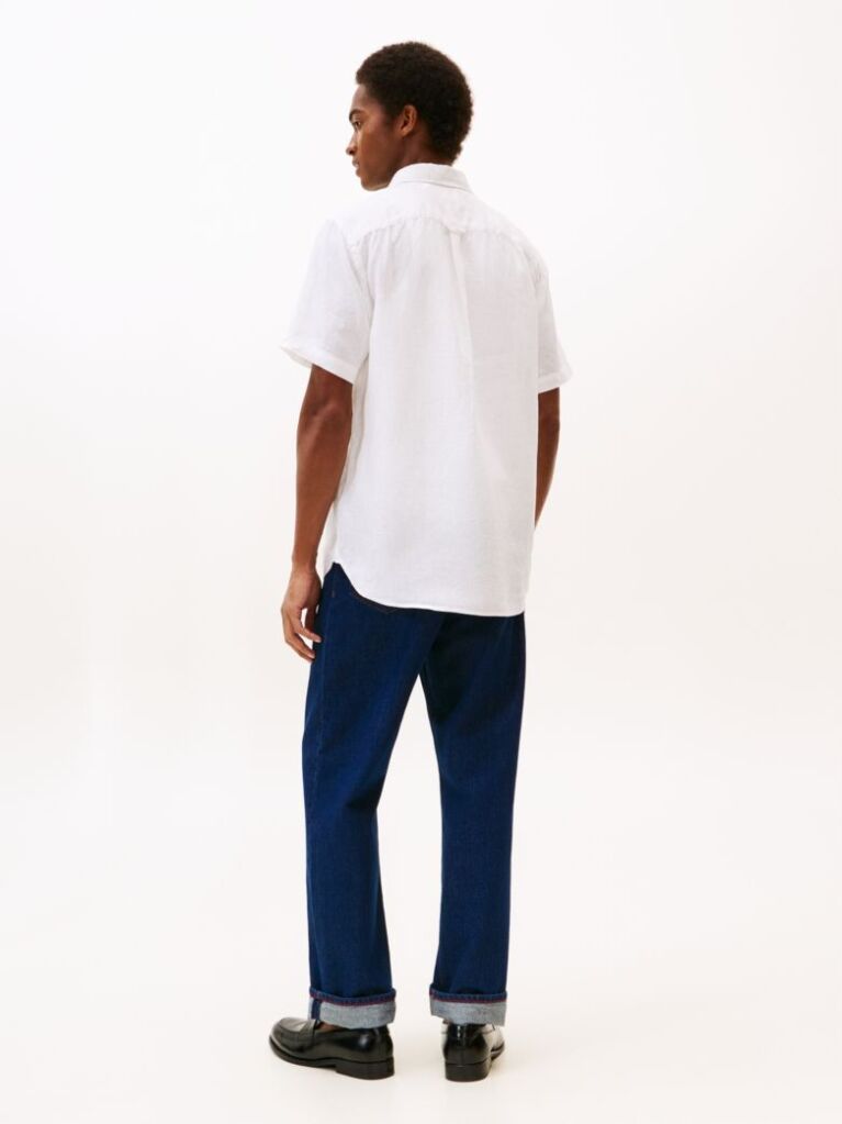 White Regular Fit Washed Linen Short Sleeve Shirt  Men