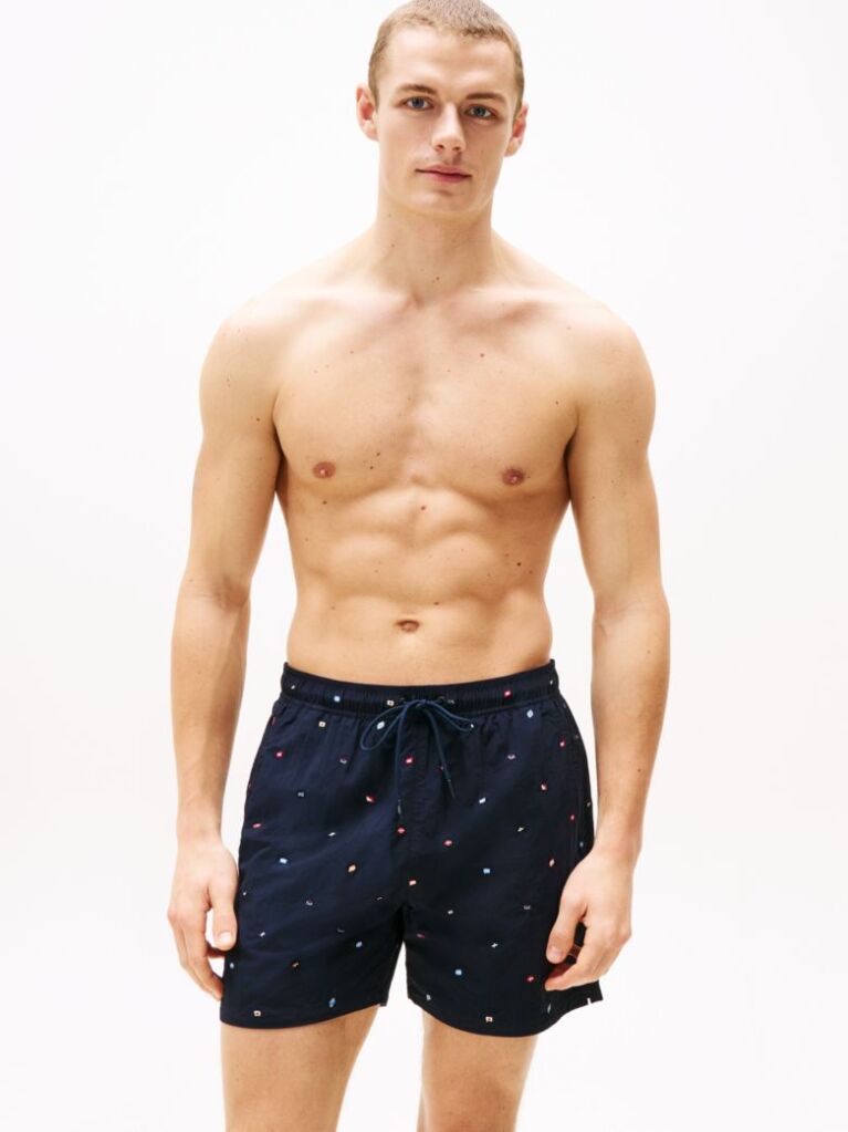 Blue Embroidery Mid Length Swim Trunks  Men