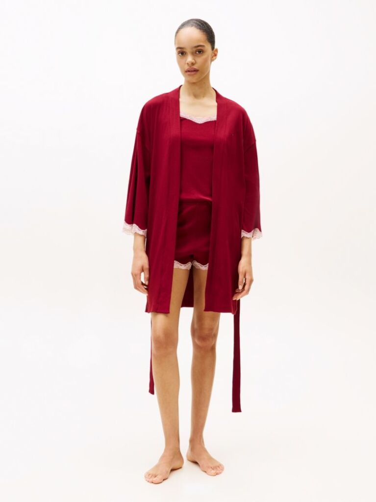 Red Essential Ribbed Lace Trim Robe  Women