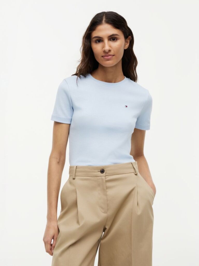 Μπλε Ριμπ T-Shirt Σε Slim Γραμμή Με Κεντητό Σημαιάκι  Γυναίκες