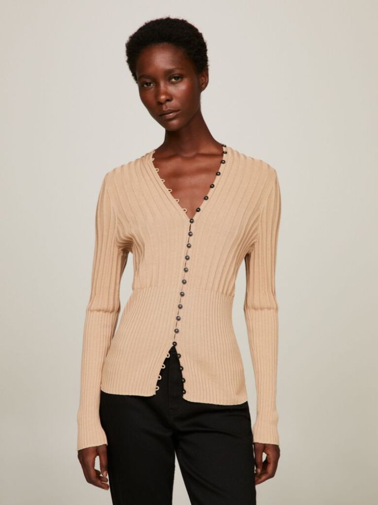 Beige Ribbed Button Down Slim Fit Cardigan  Women