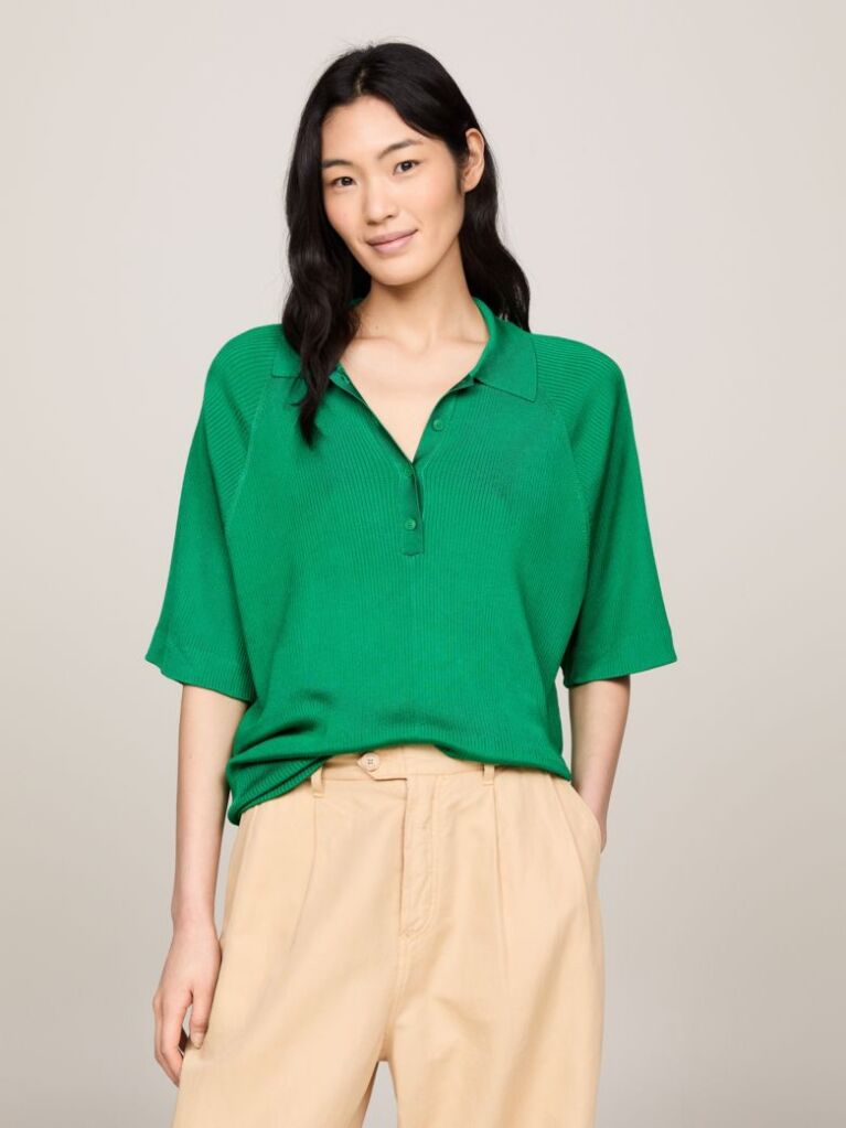 Πράσινο Ριμπ Oversized Πουλόβερ Με Πόλο Γιακά  Γυναίκες