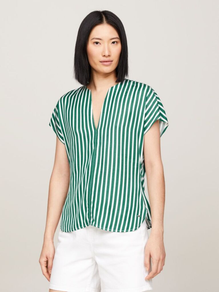 Multi Fluid Stripe V-Neck Short Sleeve Blouse  Women
