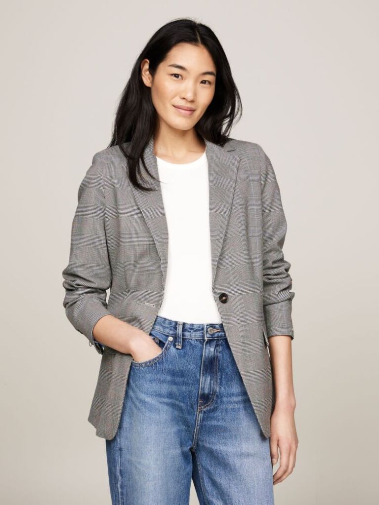 Grey Prince Of Wales Check Single Breasted Blazer  Women