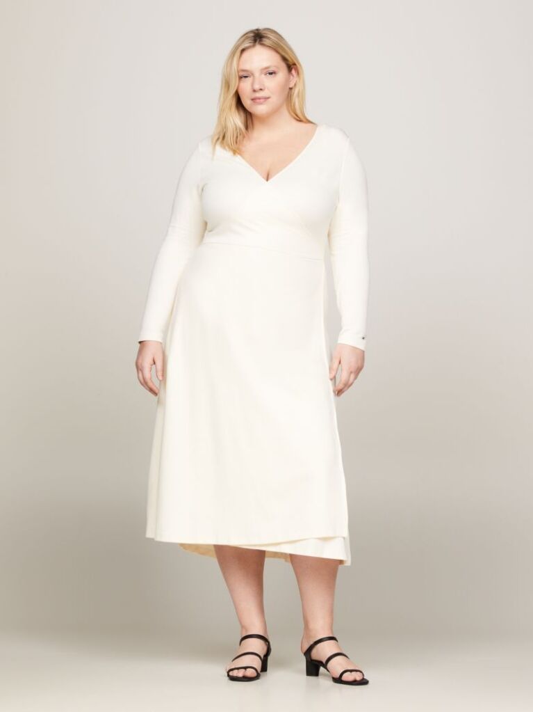 Beige Curve Slim Fit Belted V-Neck Midi Dress  Women