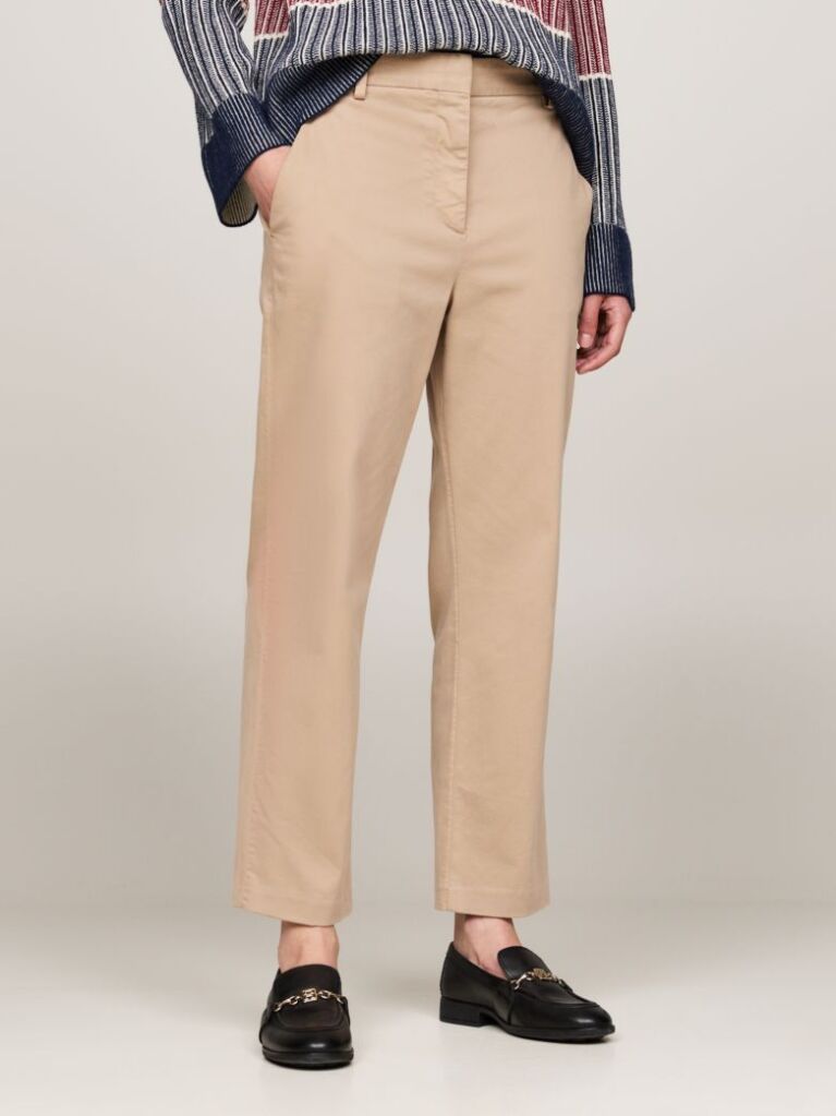 Beige Stretch Cotton Slim Straight Chinos  Women