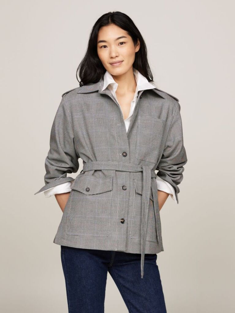 Grey Prince Of Wales Check Belted Blazer Jacket  Women