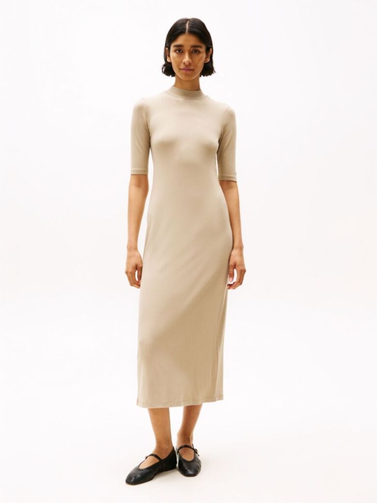 Beige Ribbed Slim Midi Bodycon Dress  Women