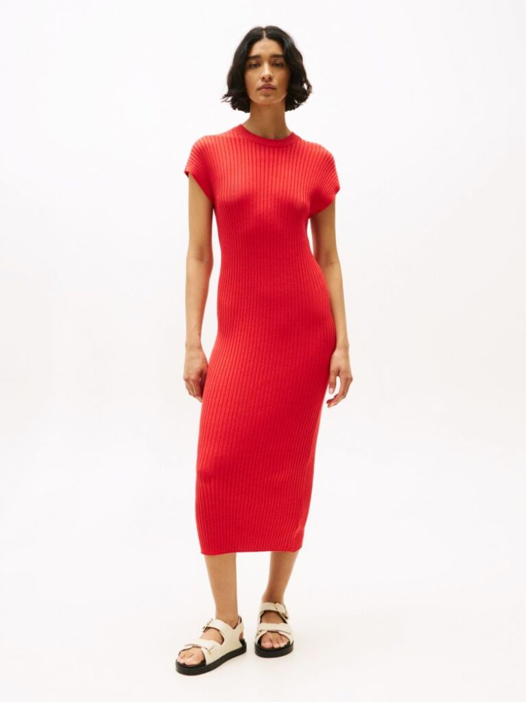 Red Cap Sleeve Ribbed Midi Jumper Dress  Women
