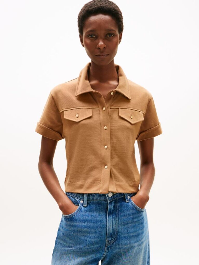 Brown Regular Fit Gold-Tone Button Shirt  Women
