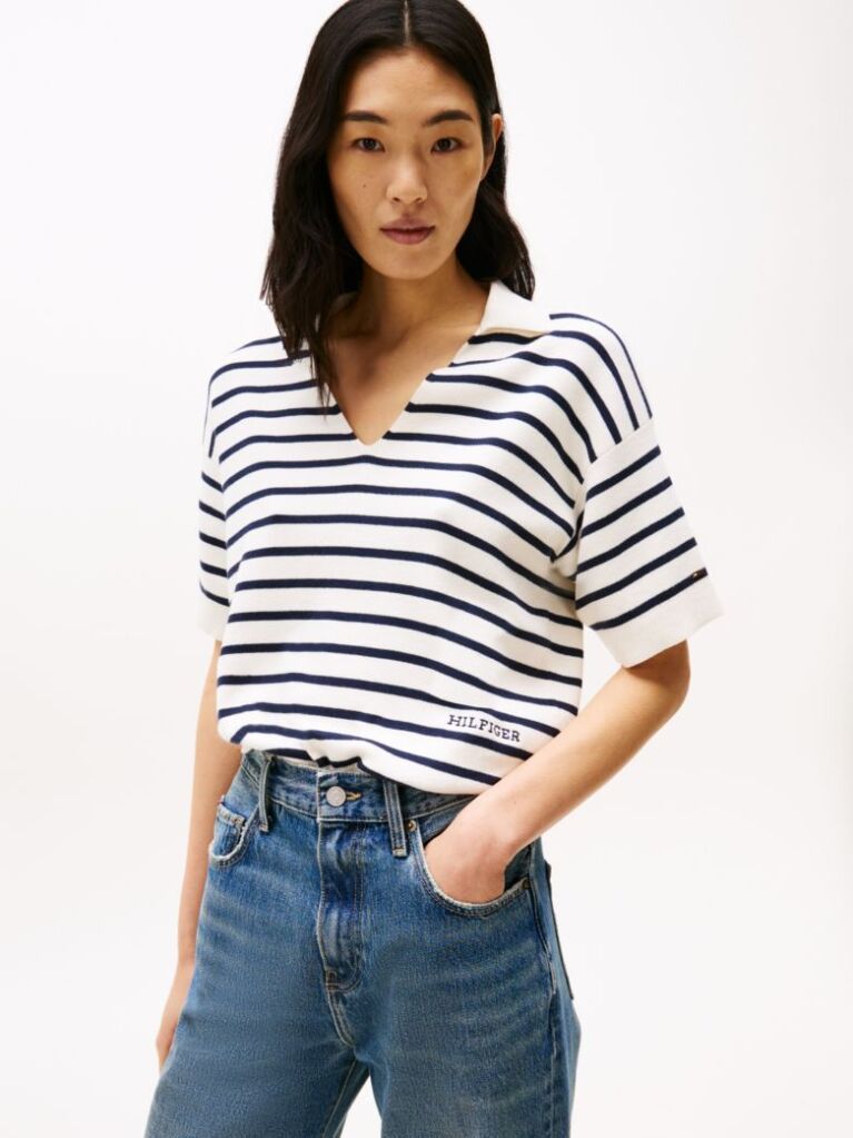 Multi Stripe Short Sleeve Polo Jumper  Women