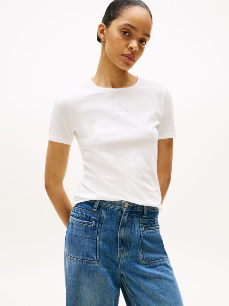 White Stamp Logo Slim Crew Neck Short Sleeve Tee  Women